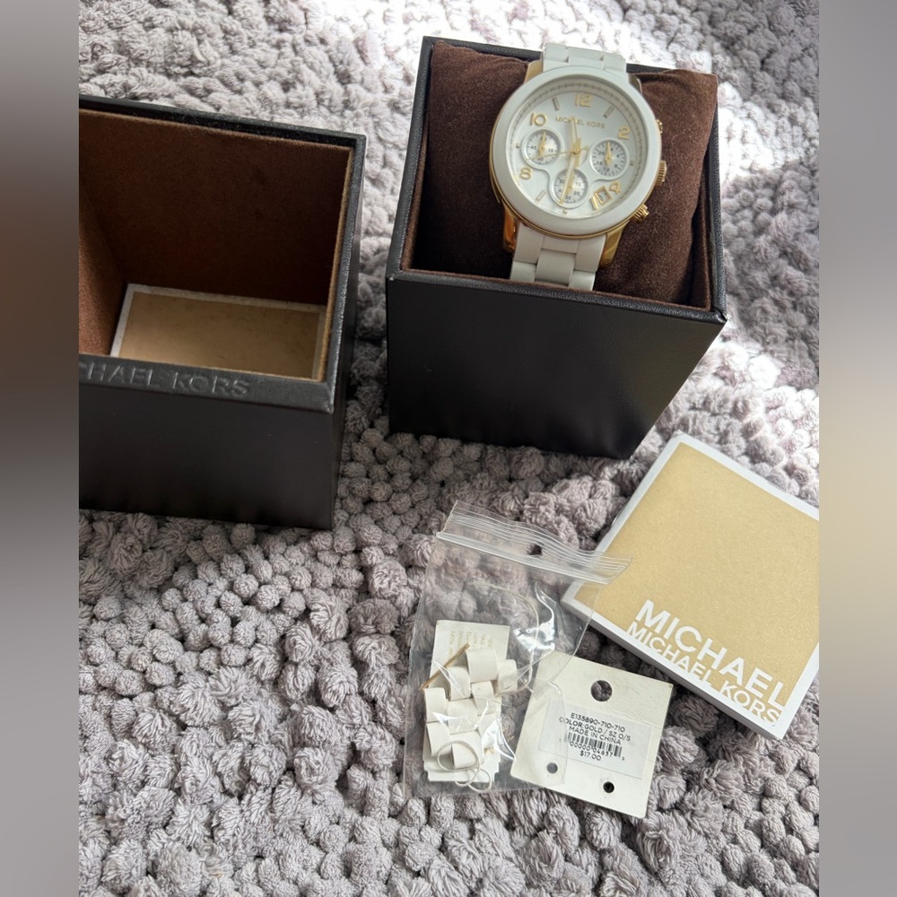 Michael Kors White and Gold-Tone Chronograph Watch with White Strap